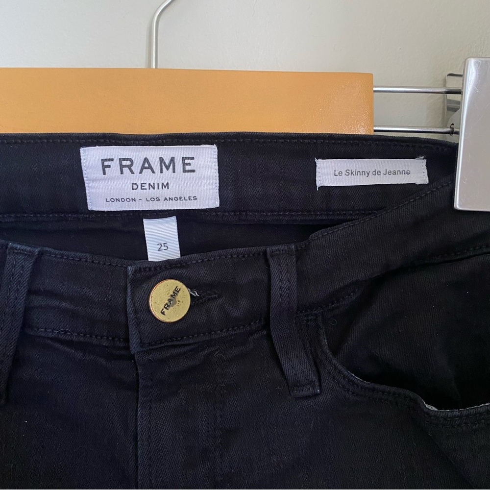 Frame Le Skinny De Jeanne Black Film Noir Distressed Jeans Size 25 - Picture 4 of 10